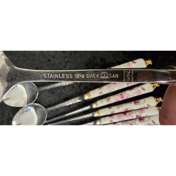 8 Baek San 18-8 Stainless 3 Spoons 3 Pairs Chopsticks Floral Bone China Handle - Picture 4 of 4